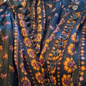 NWOT Zara Black Gold Purple Floral Dress Flowey Sz Medium Bishop Sleeve Bohemian